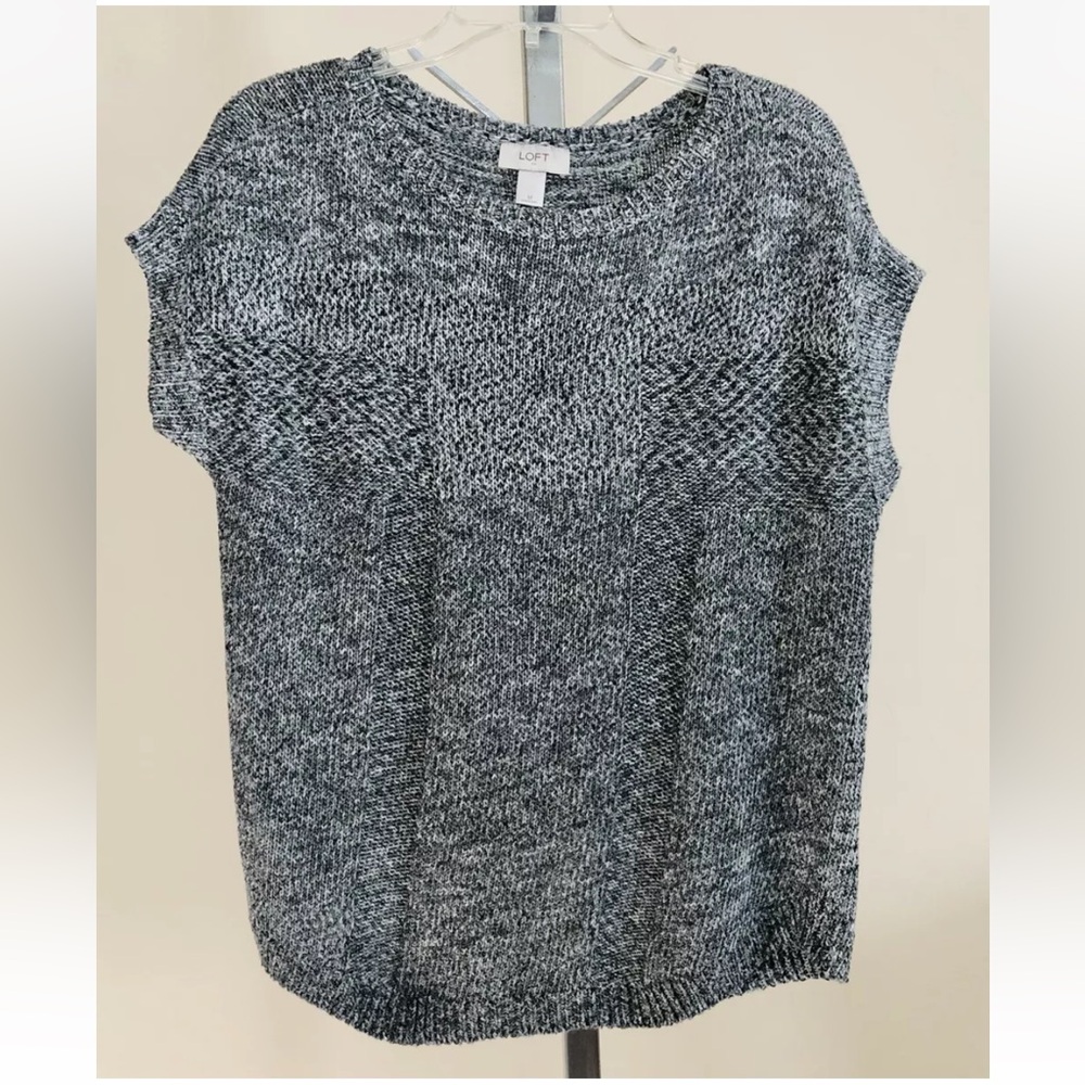Loft Sweater Blouse women's Size M Knit Blue and White Short Sleeve Crew Neck P2